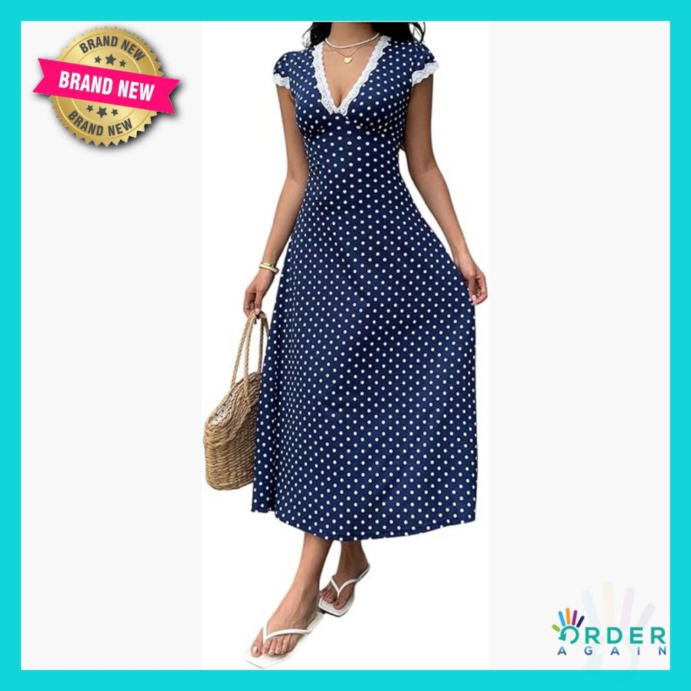 Polka Dot Lace Trim Deep V Neck Flared Maxi Dress Casual Elegant Chic